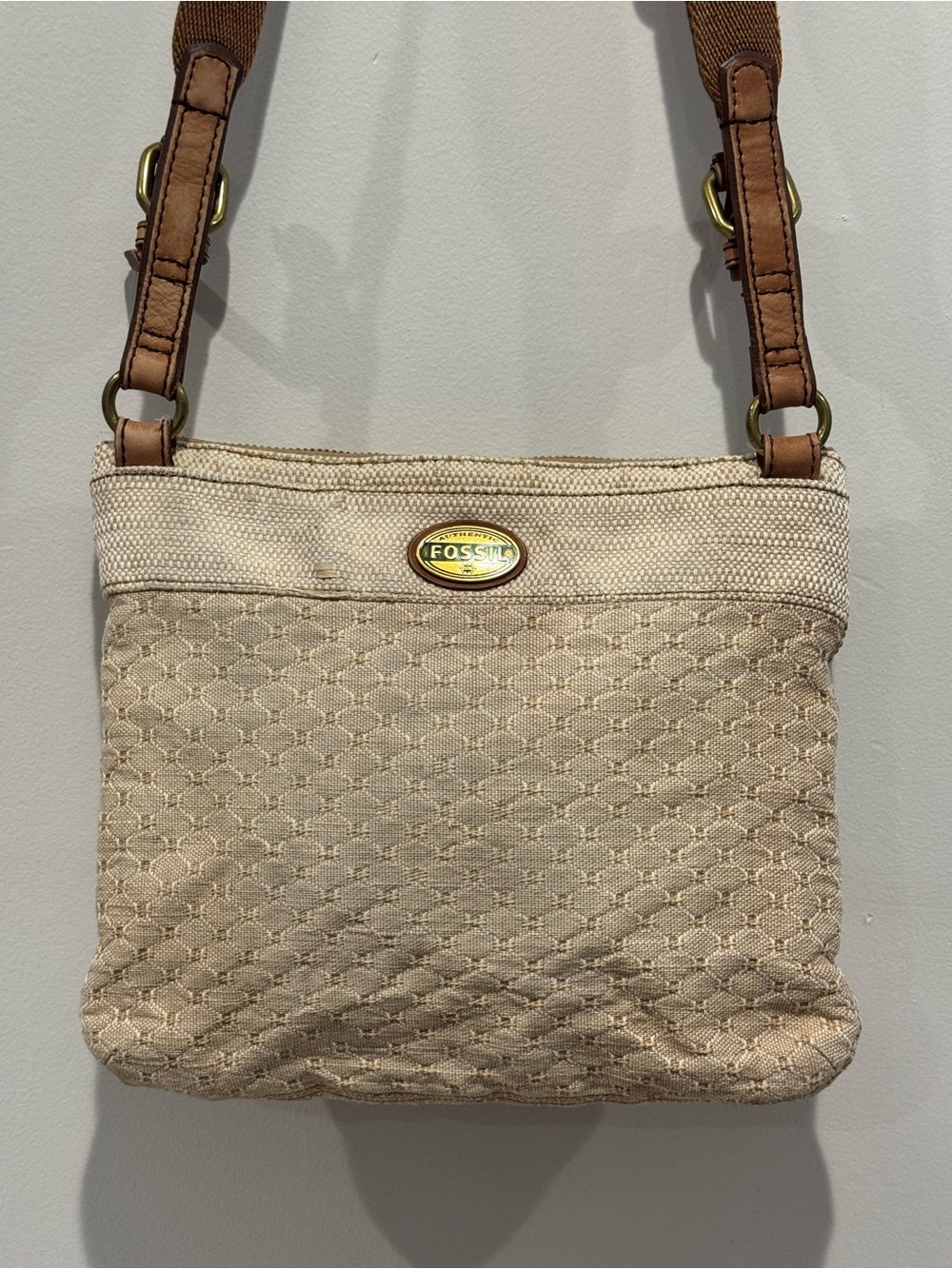 Fossil Long Live Vintage Canvas Crossbody Bag Beige Leather Trim